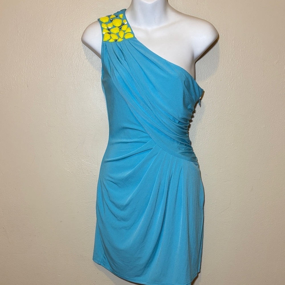 Max & Cleo Blue One-Shoulder Dress with Yellow Detail